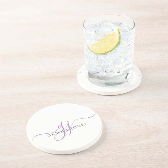Lavender Script Initials Monogram Minimalist  Coaster (Side)