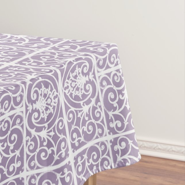 Lavender scrollwork pattern tablecloth (In Situ)