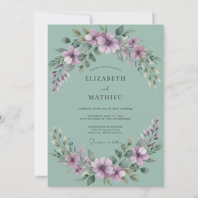 Lavender Seafoam Wreath Wedding Invitation (Front)