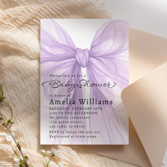 Lavender Sheer Bow Elegant Baby Shower Invitation (Creator Uploaded)