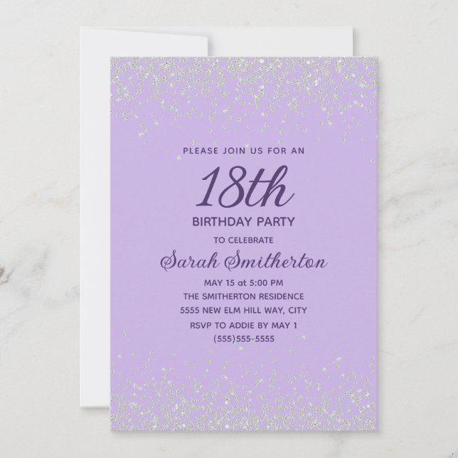 Lavender Silver Diamond Glitter 18th Birthday Invitation (Front)