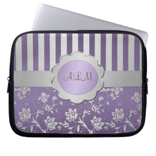 Lavender, Silver Floral Striped Laptop Sleeve