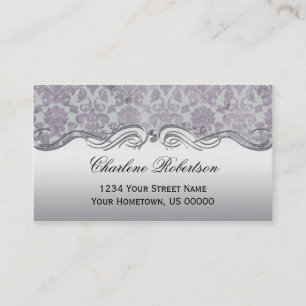 Lavender Silver Grunge Damask Ornate Silver Swirls Business Card