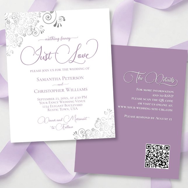 Lavender Silver QR Code BUDGET Wedding Invite (front/back)