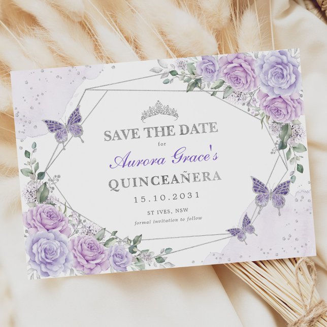Lavender Silver Roses Quinceanera Save the Date Announcement (Creator Uploaded)