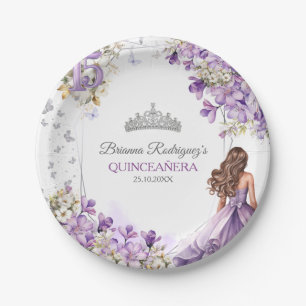 Lavender Silver Tiara Floral Butterfly Quinceañera Paper Plate