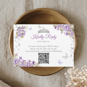 Lavender Silver Tiara Floral Butterfly Quinceañera RSVP Card