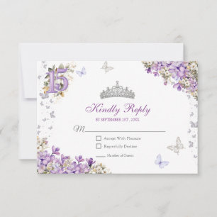 Lavender Silver Tiara Floral Butterfly Quinceañera RSVP Card