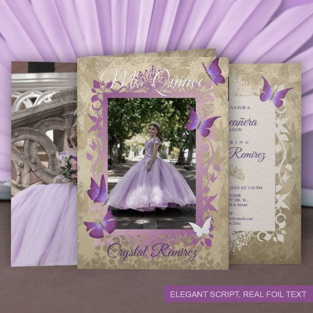 Lavender, Silver Vintage Butterflies Quinceanera Foil Greeting Card (purple lavender lilac folded quineanera invitation lavender gown dress fancy frame border vines)