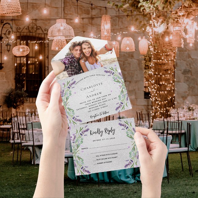 Lavender silver violet flowers photo wedding all in one invitation (Creator Uploaded)