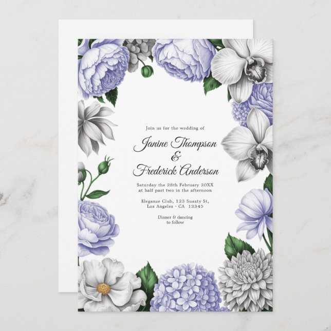 Lavender & Silver Watercolor Floral Wedding Invitation (Front/Back)