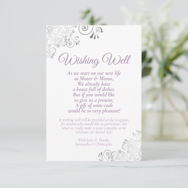 Lavender & Silver White Wedding Wishing Well Poem Enclosure Card (Standing Front)