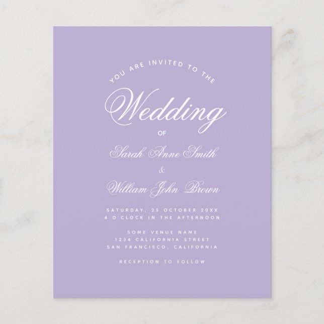 Lavender Simple Budget Purple Wedding Invitation (Front)