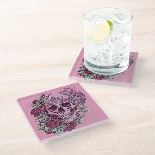 Lavender Skull With Roses Goth Design Glass Coaster