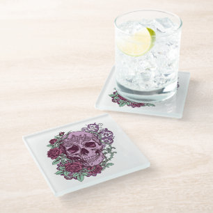 Lavender Skull With Roses Goth Design Glass Coaster
