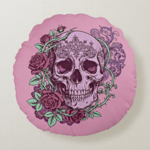 Lavender Skull With Roses Goth Design Round Cushion