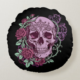 Lavender Skull With Roses Goth Design Round Cushion