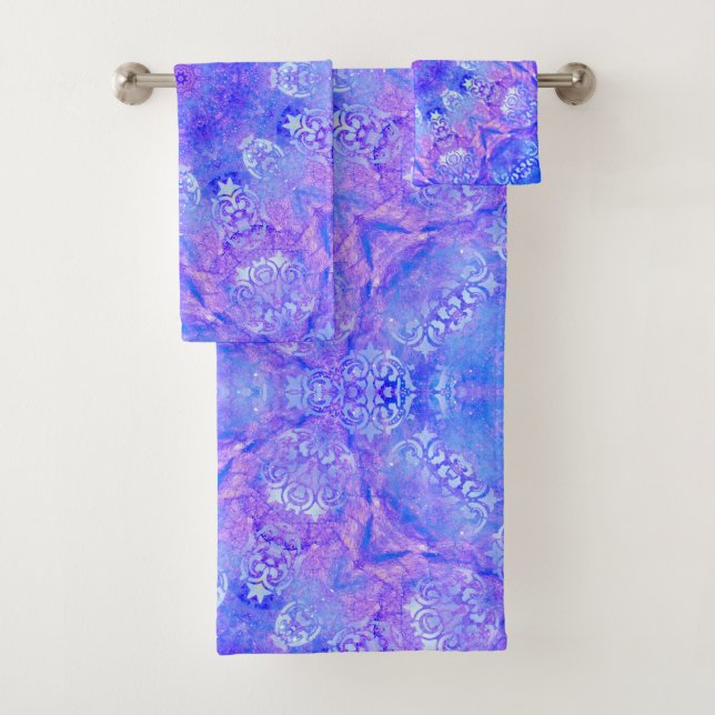 Lavender Sky Blue Purple Sparkle Damask   Bath Towel Set (Insitu)