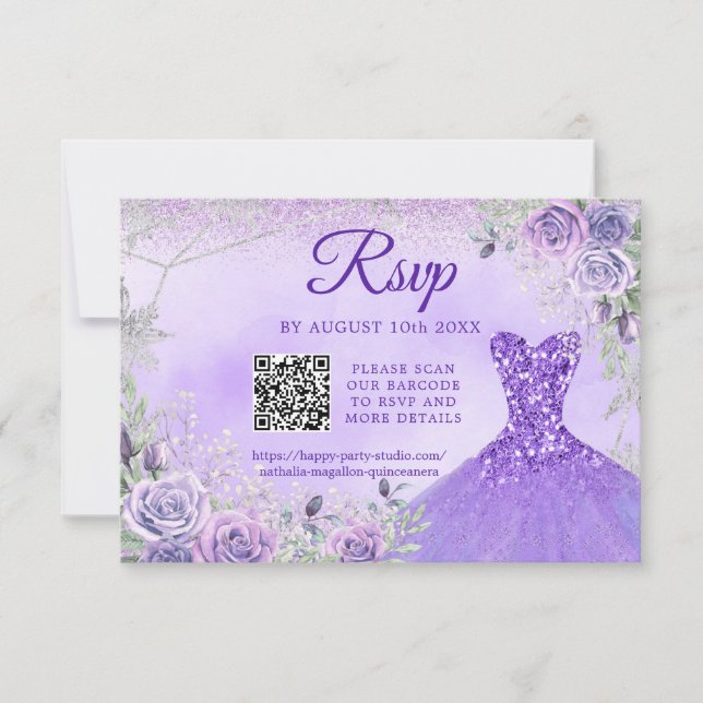 Lavender Snowflake Christmas Quinceañera 15th QR RSVP Card (Front)