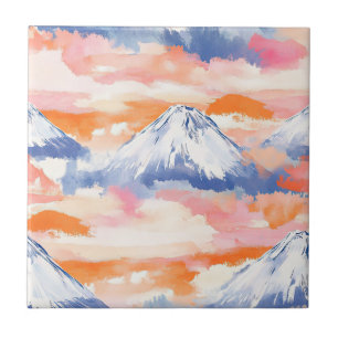 Lavender Snowy Mountain Scenic Watercolor Ceramic Tile