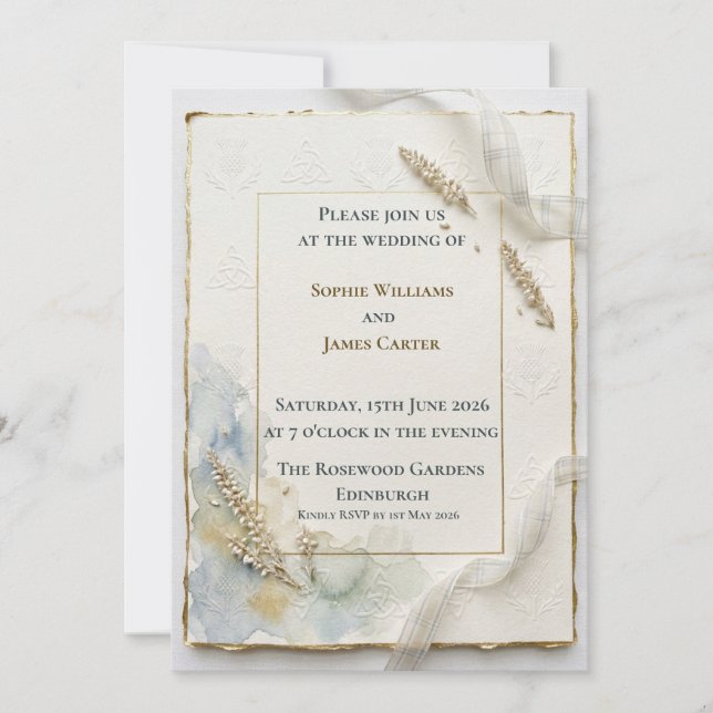 Lavender Sprig Gold Foil Celtic Wedding Invitation (Front)