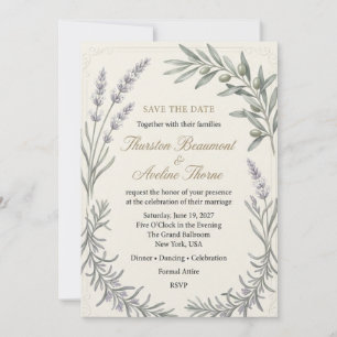 Lavender Sprigs, Olive Branches, Ornate Corner Bor Invitation