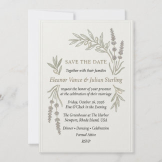 Lavender Sprigs, Olive Branches, Panelled Border F Invitation