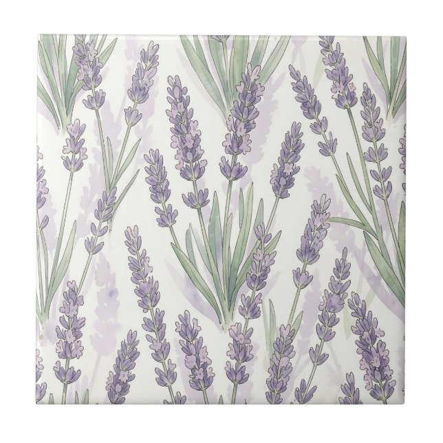 Lavender Sprigs Watercolor Botanical Pattern Ceramic Tile (Front)