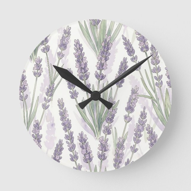 Lavender Sprigs Watercolor Botanical Pattern Round Clock (Front)
