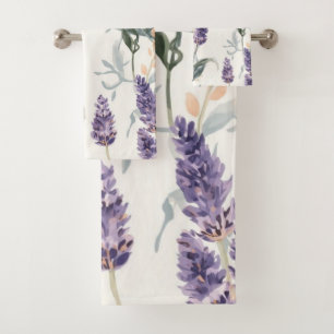 Lavender Sprigs Watercolor Botanical Purple Floral Bath Towel Set