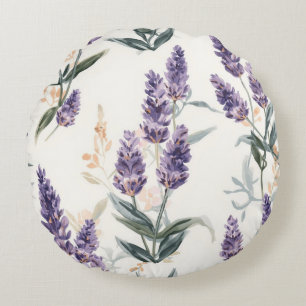 Lavender Sprigs Watercolor Botanical Purple Floral Round Cushion