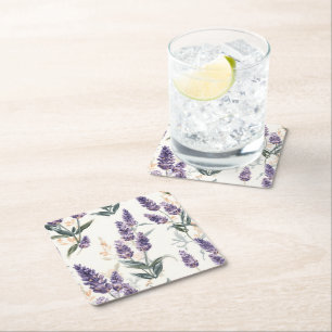 Lavender Sprigs Watercolor Botanical Purple Floral Square Paper Coaster