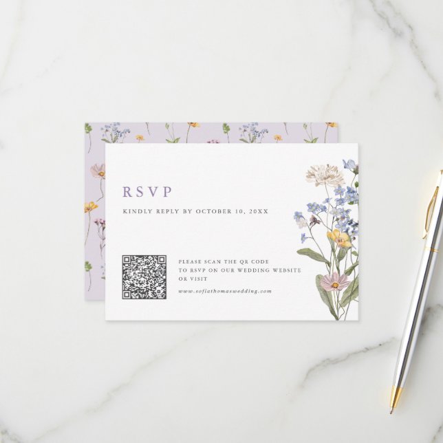 Lavender Spring Wildflower Meadow Wedding QR Code RSVP Card (Front/Back In Situ)