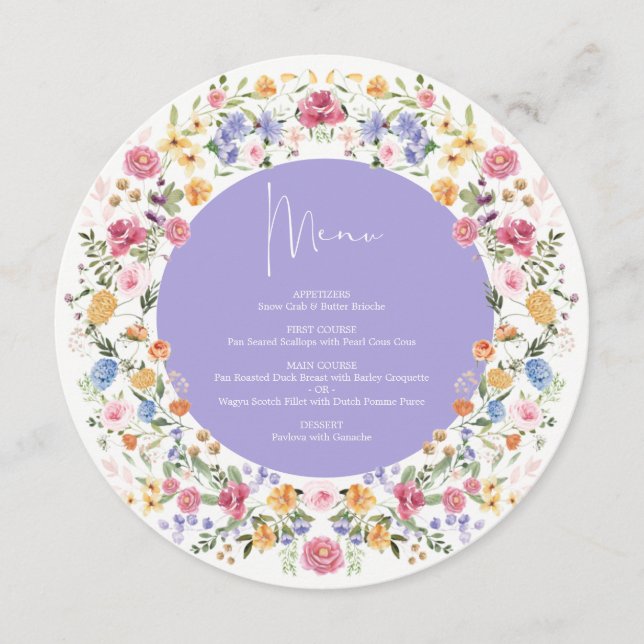 Lavender Spring Wildflower Round Charger Plate Menu (Front)