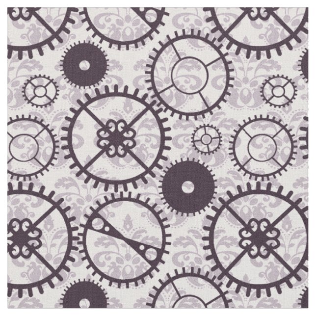 lavender Steampunk watch gear and damask pattern Fabric (Close Up)