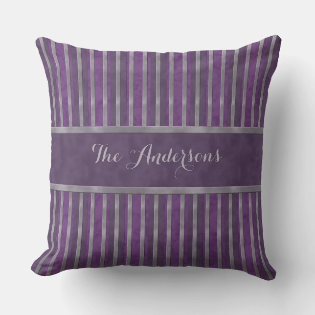Lavender Steel Dark Plum Striped Cushion (Front)
