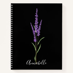 Lavender Stem on Black   Personalised  Notebook