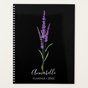 Lavender Stem on Black Personalised Planner