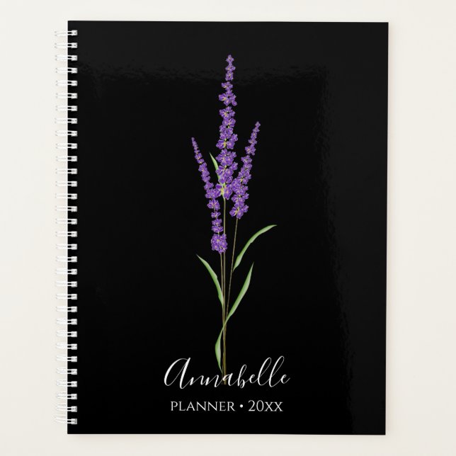 Lavender Stem on Black | Personalised Planner (Front)