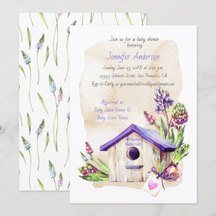 Lavender Stems Purple Birdhouse Baby Shower Invitation