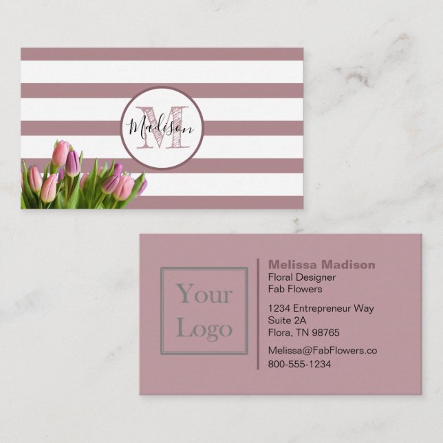 Lavender Stripe and Tulips Monogrammed Business Card (Front/Back)