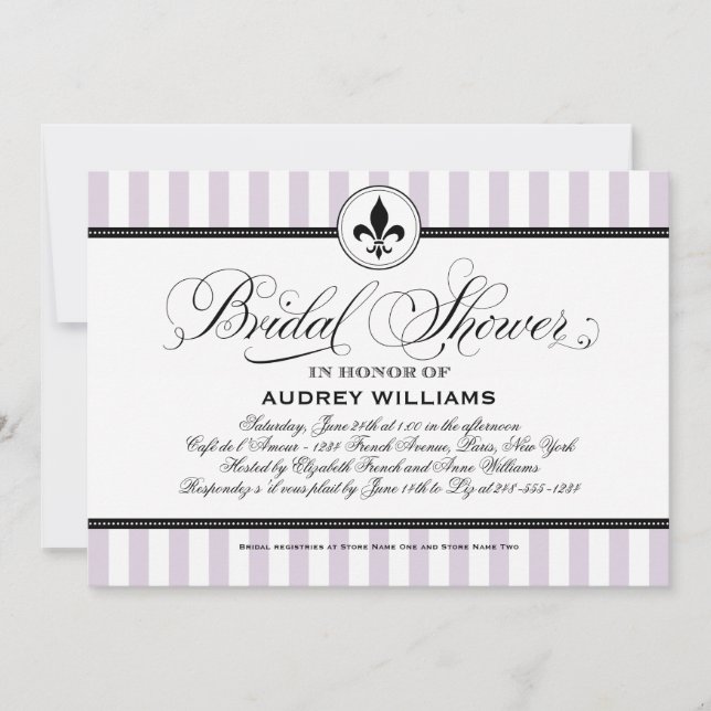 Lavender Stripe Fleur de Lis Wedding Shower Invitation (Front)