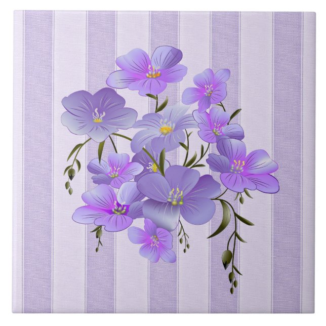 Lavender Stripes and Lavender-Coloured Bouquet Ceramic Tile (Front)
