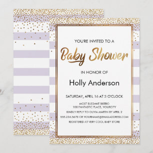 Lavender Stripes Gold Confetti Script Baby Shower Invitation