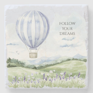 Lavender Stripes Hot Air Balloon Hills Flowers Stone Coaster