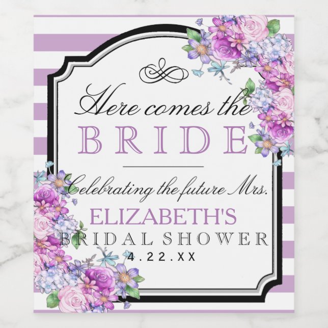 Lavender Stripes Watercolor Floral Bridal Shower Wine Label (Single Label)