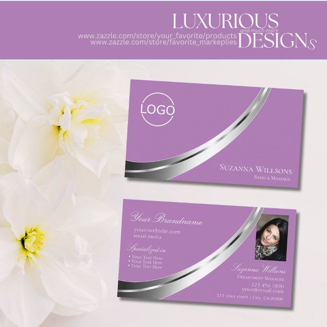 Lavender Stylish Silver Decor with Logo and Photo Business Card (Creator Uploaded)