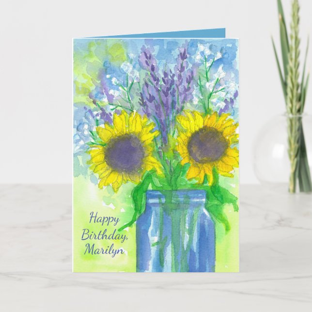 Lavender Sunflower Bouquet Happy Birthday Card (Front)