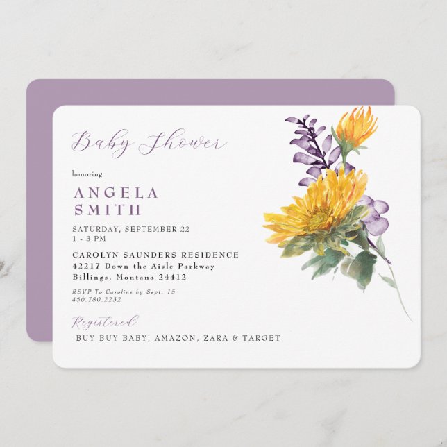 Lavender Sunflower Floral Baby Shower Invitation (Front/Back)