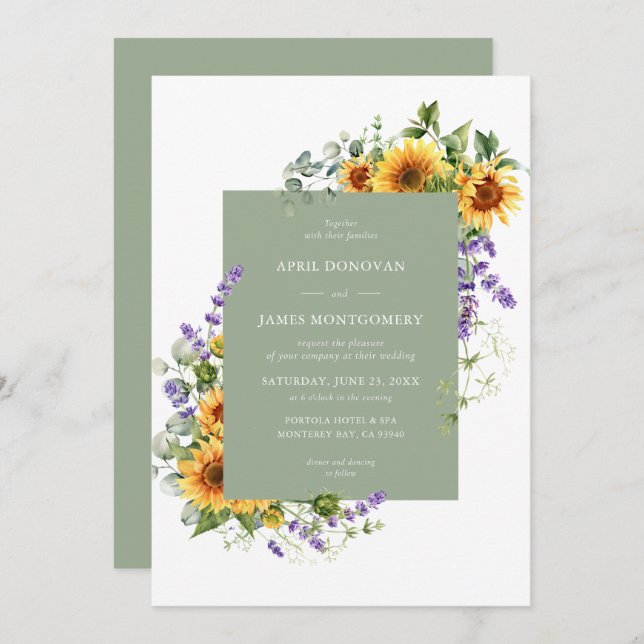 Lavender Sunflower Floral Frame Wedding Invitation (Front/Back)